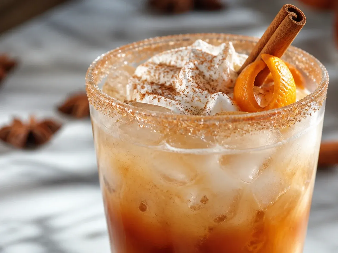 Sugar free spiced sweet cream soda in a glass with a dusting of cinnamon on the cream float