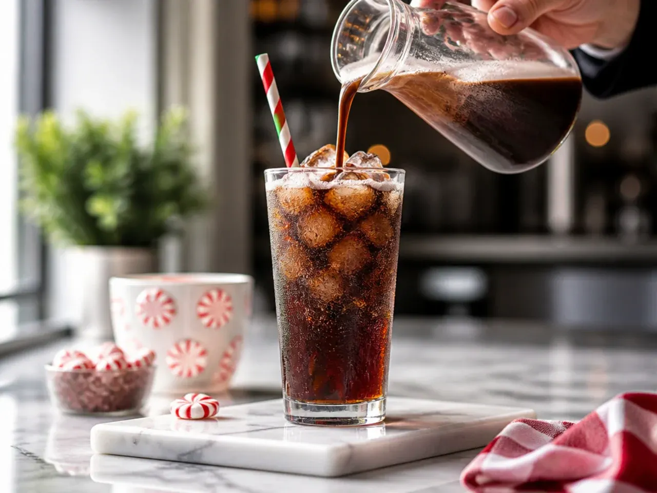 Layered sugar free peppermint mocha cola drink in a clear glass with sweet cream on top and crushed candy cane