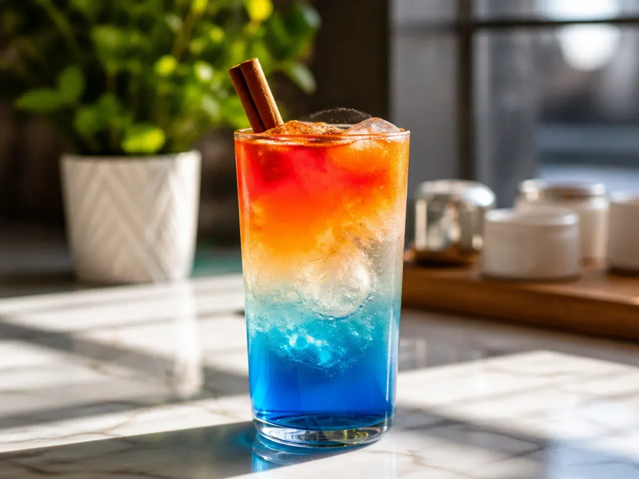 Layered sunset-coloured sugar free drink in a tall glass showing distinct orange, red and blue bands