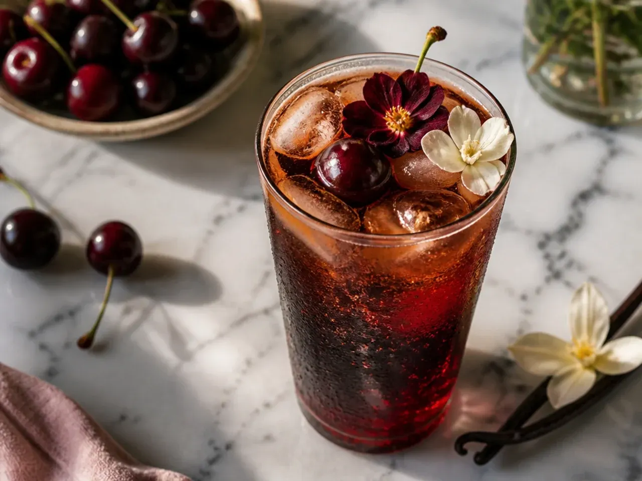 Dark sugar free black cherry vanilla cola in a glass with ice and fresh cherries beside it