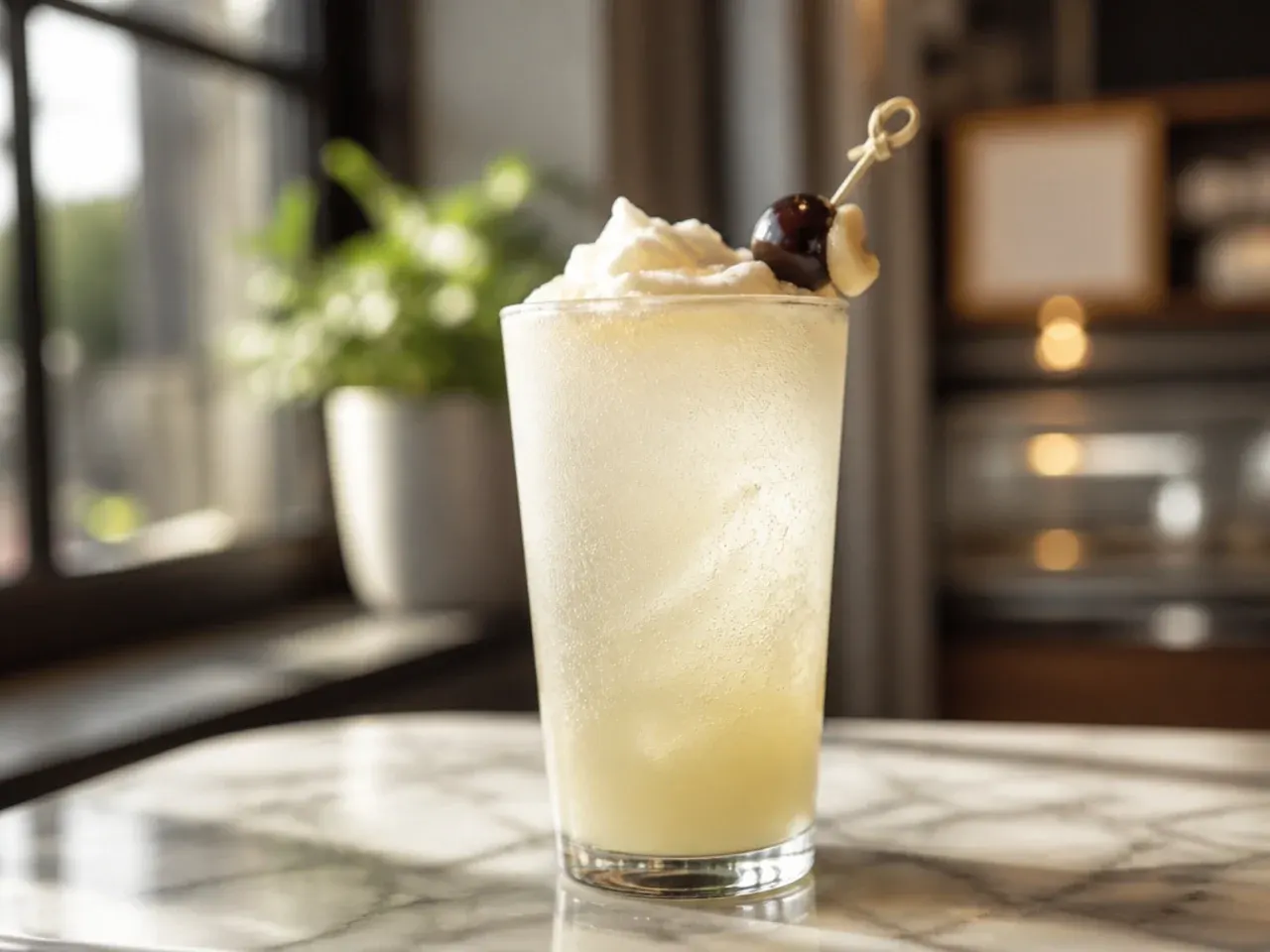 Smooth sugar free vanilla cream soda in a glass showing fully blended creamy pale brown colour