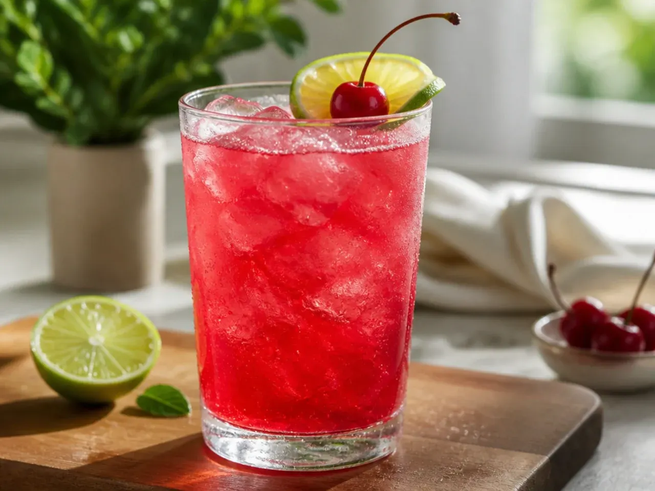 Table set with several garnished sugar free Sonic-style drinks, fruit garnishes and wide straws