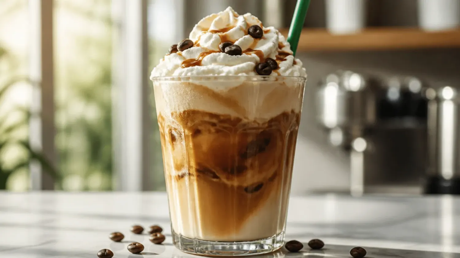 Iced sugar free vanilla latte in a glass with espresso poured over milk and ice