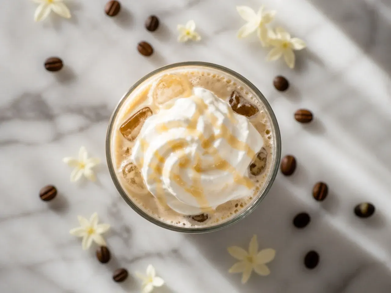 Iced sugar free vanilla latte with visible espresso layer over milk