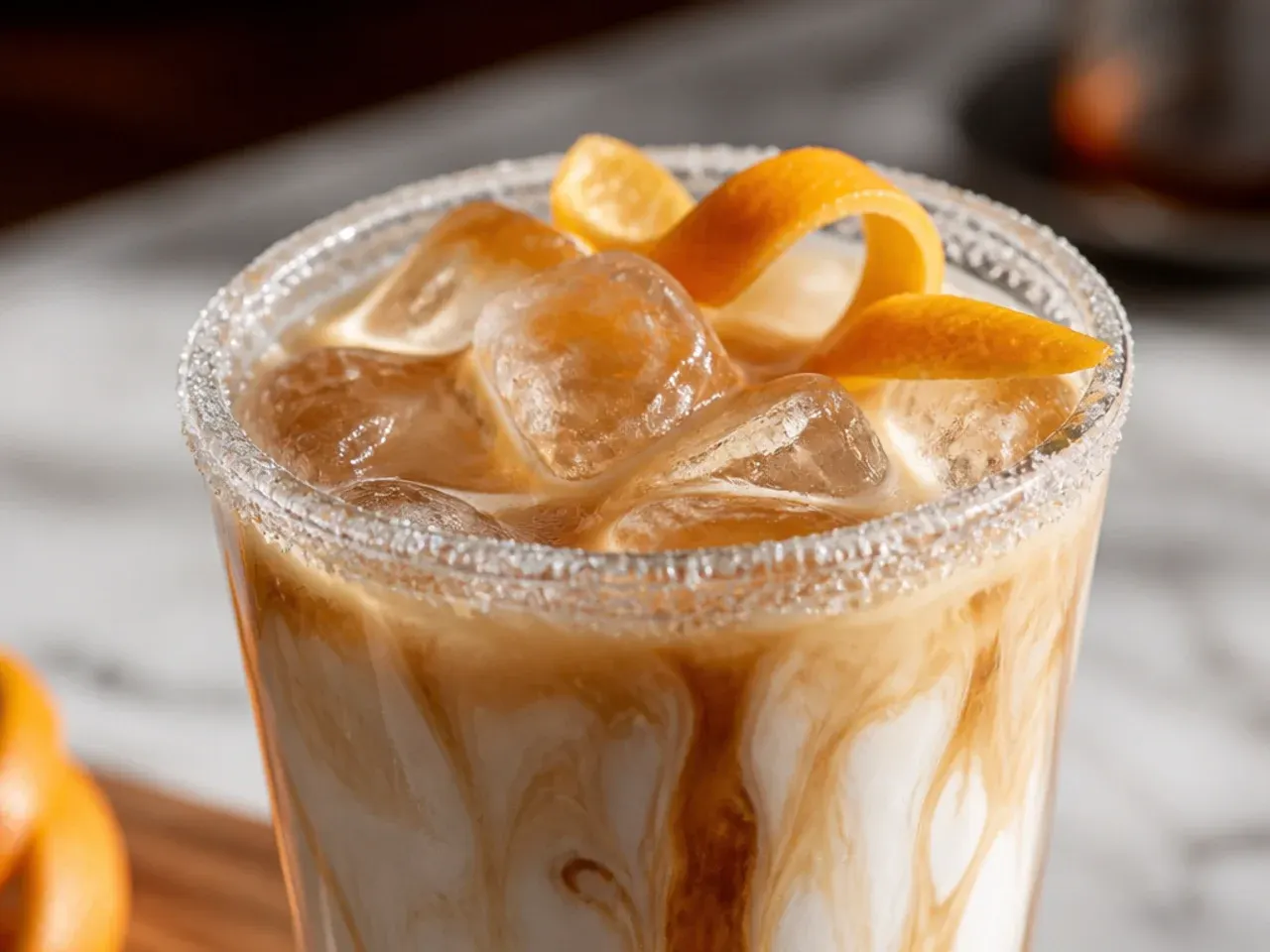 Layered sugar free caramel macchiato with caramel drizzle on top