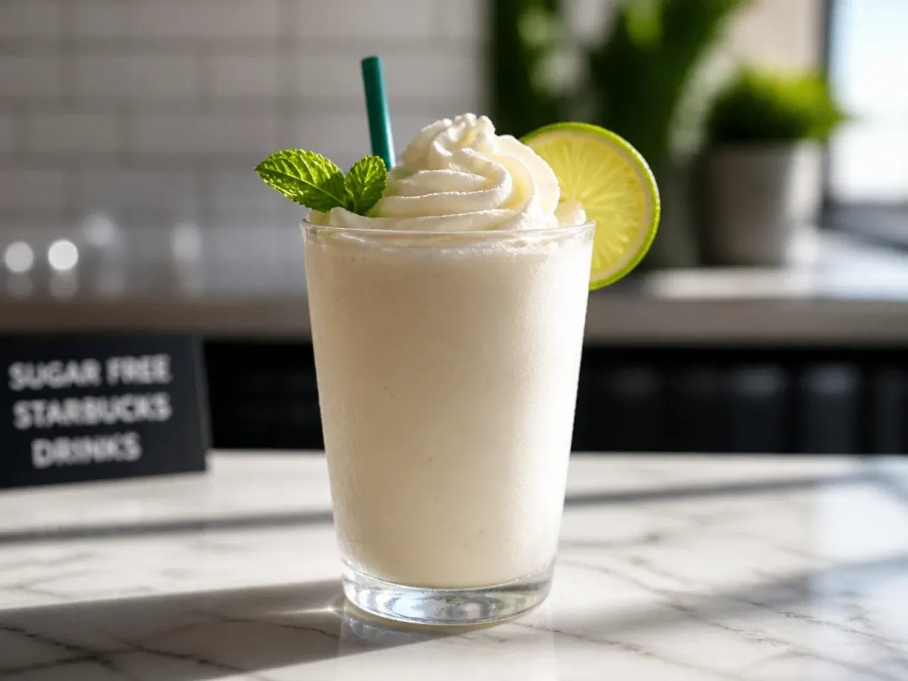 Frozen sugar free vanilla bean frappuccino topped with whipped cream