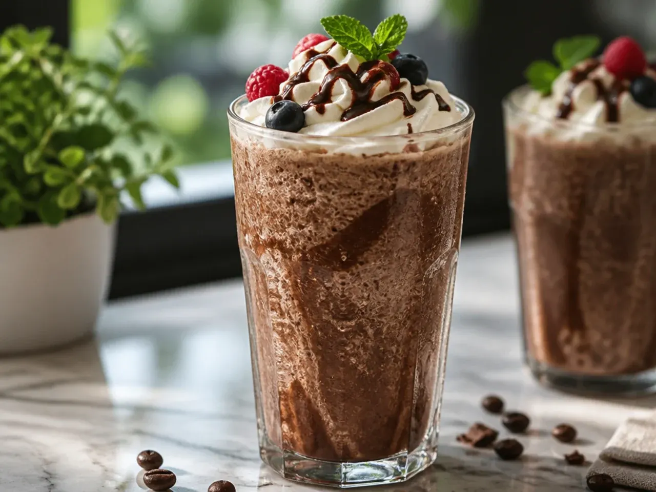 Blended sugar free mocha frappuccino with chocolate drizzle
