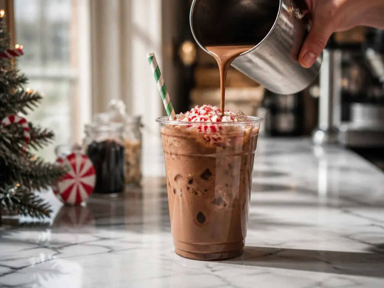 Festive sugar free peppermint mocha topped with crushed peppermint candy