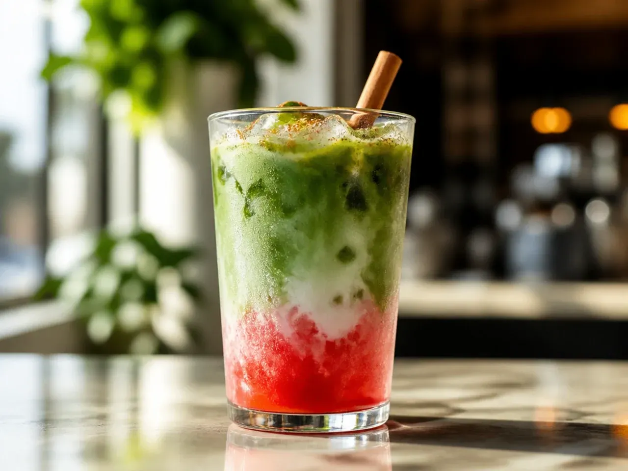 Layered sugar free strawberry matcha drink showing pink, white and green layers