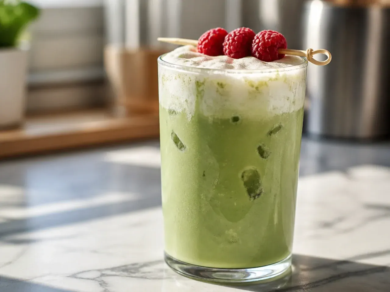 Smooth sugar free matcha latte with vivid green matcha layered over milk