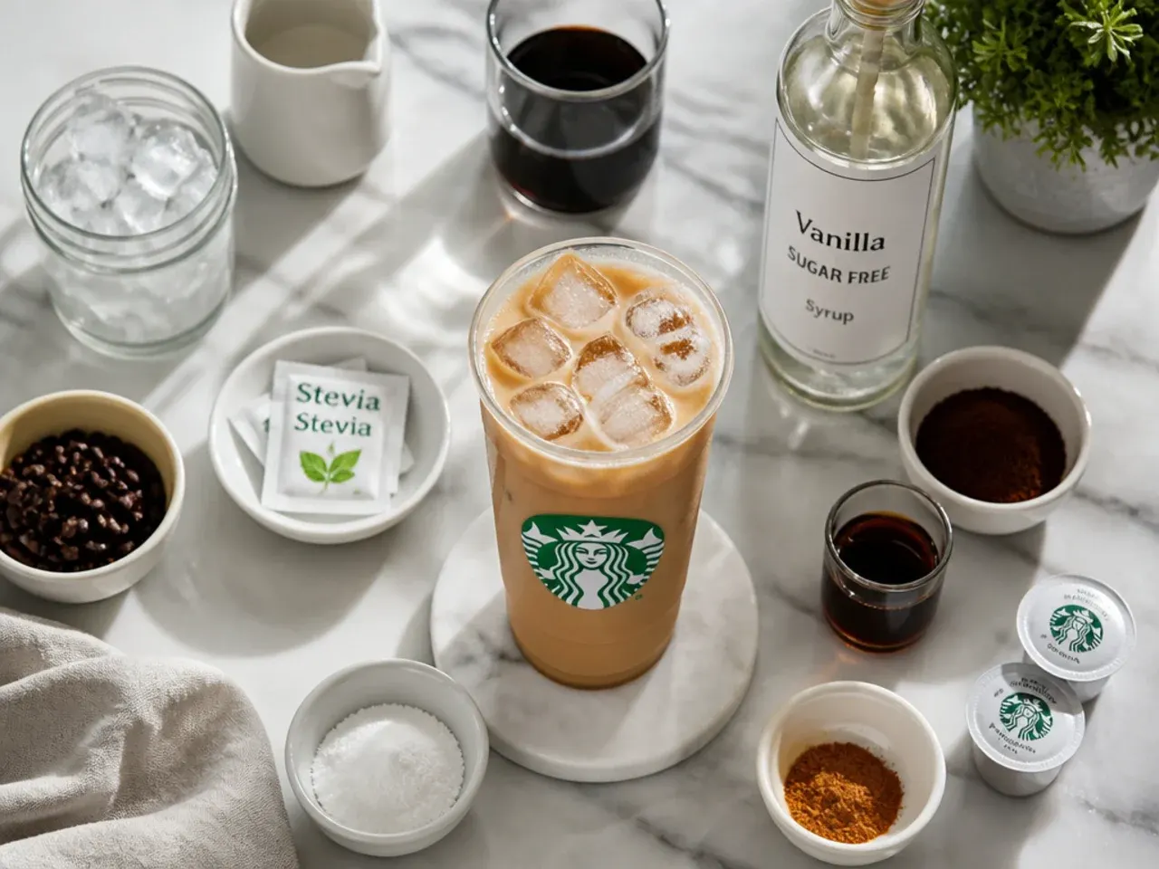 Ingredients for sugar free syrups laid out on a kitchen counter