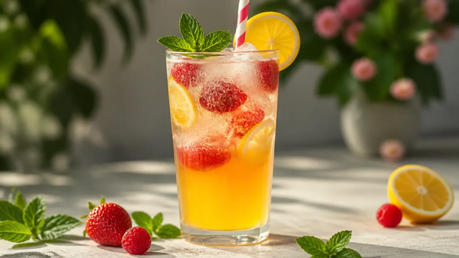 Colourful spread of 25 refreshing summer non alcoholic drinks including lemonade, iced tea, and frozen slushies served in glasses with ice and fresh fruit garnishes