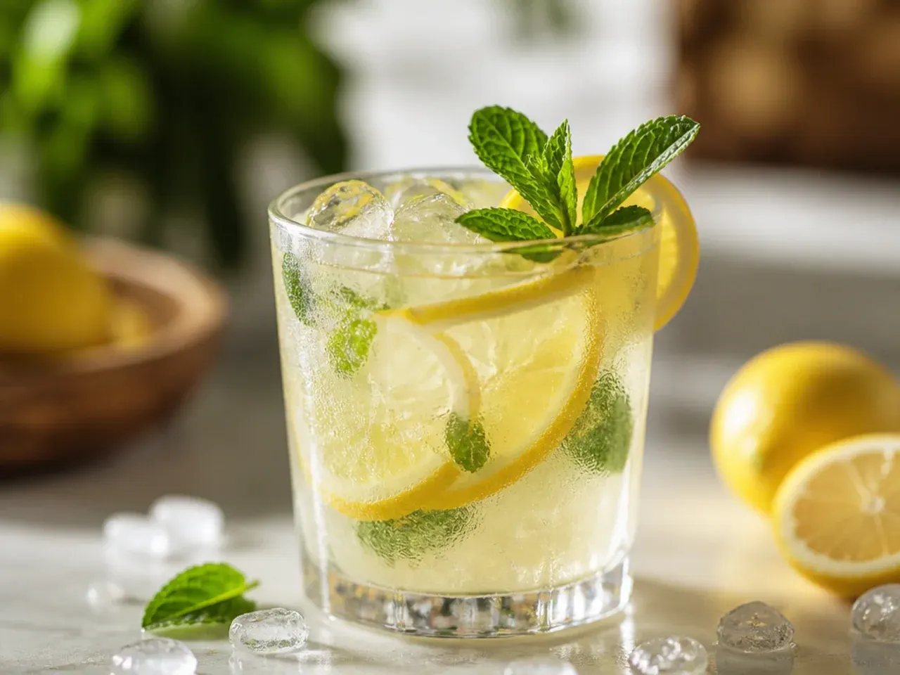 Flat lay of ingredients for summer non alcoholic drinks including lemons, berries, mint, and sugar
