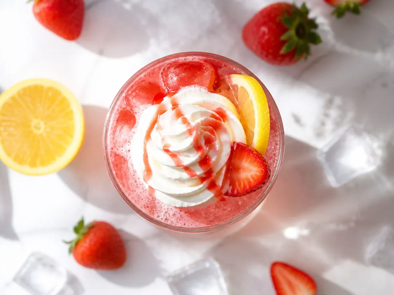 Glass of iced strawberry lemonade fizz garnished with a strawberry fan and mint