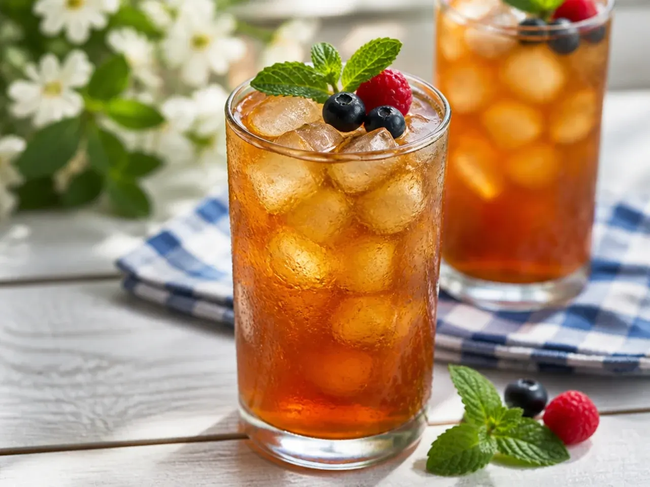 Pitcher and glass of classic Southern sweet iced tea with lemon wedges