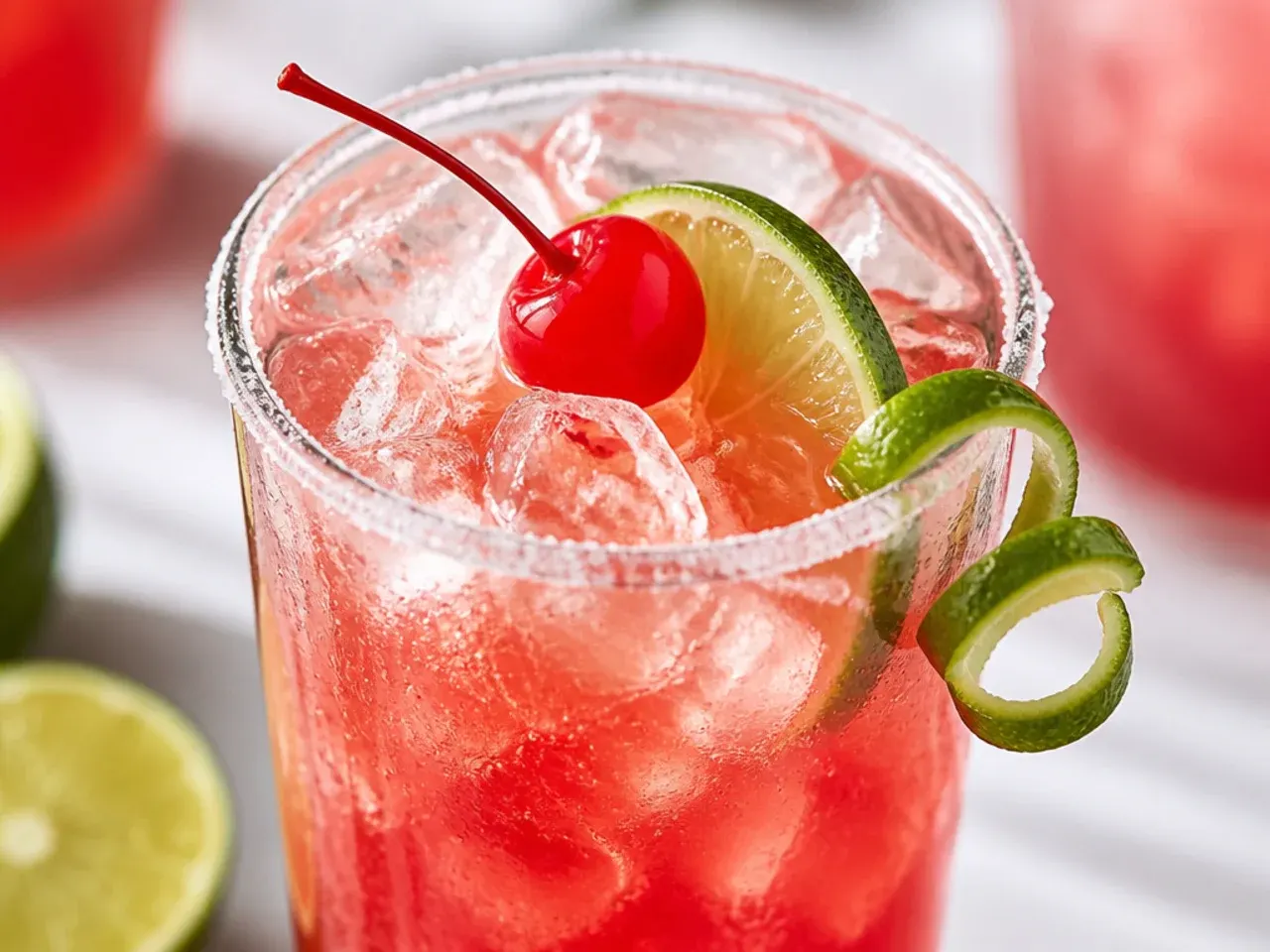 Copycat cherry limeade in a plastic cup with crushed ice and maraschino cherries