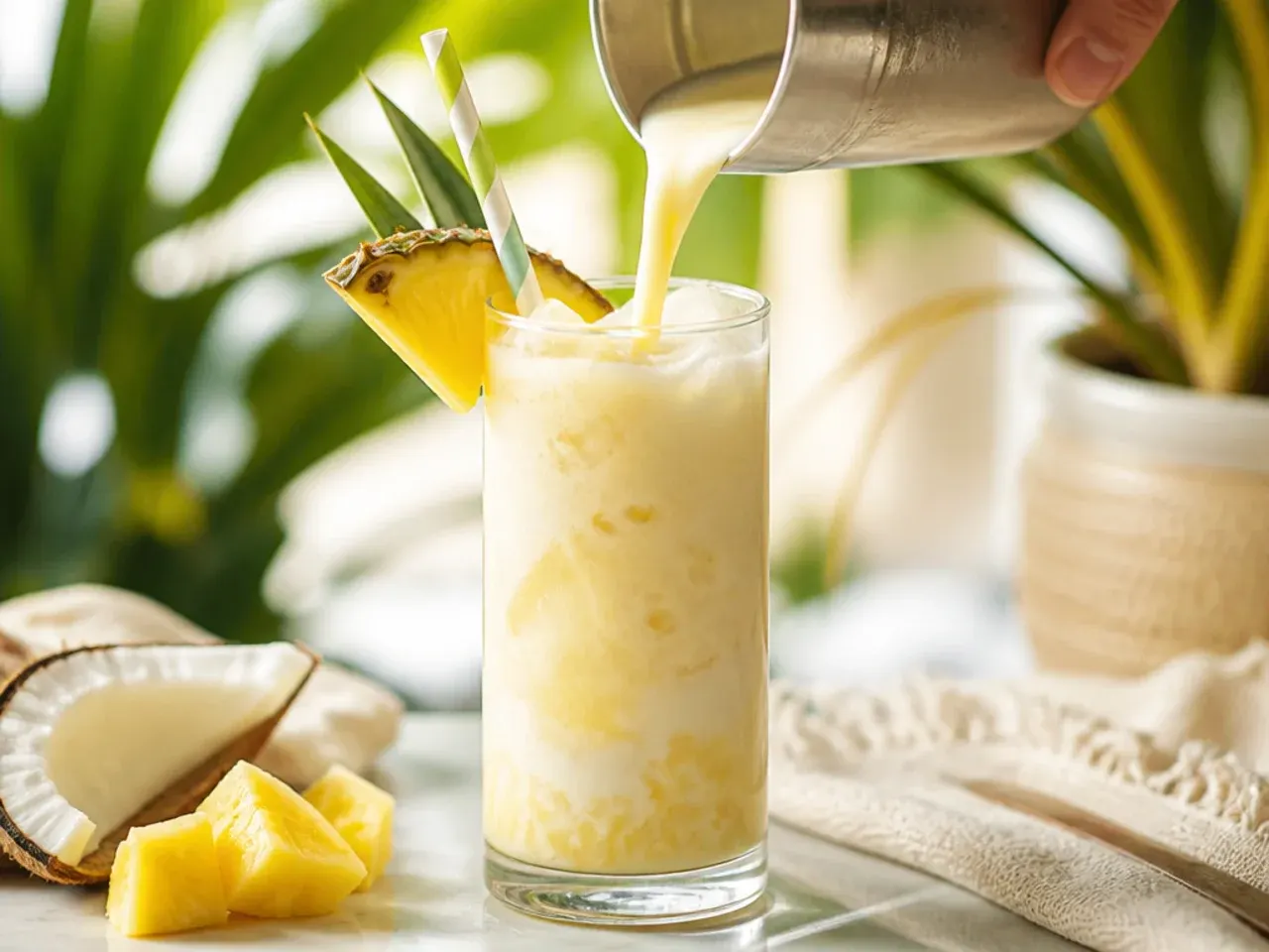Creamy coconut pineapple cooler in a tall glass with a pineapple wedge garnish