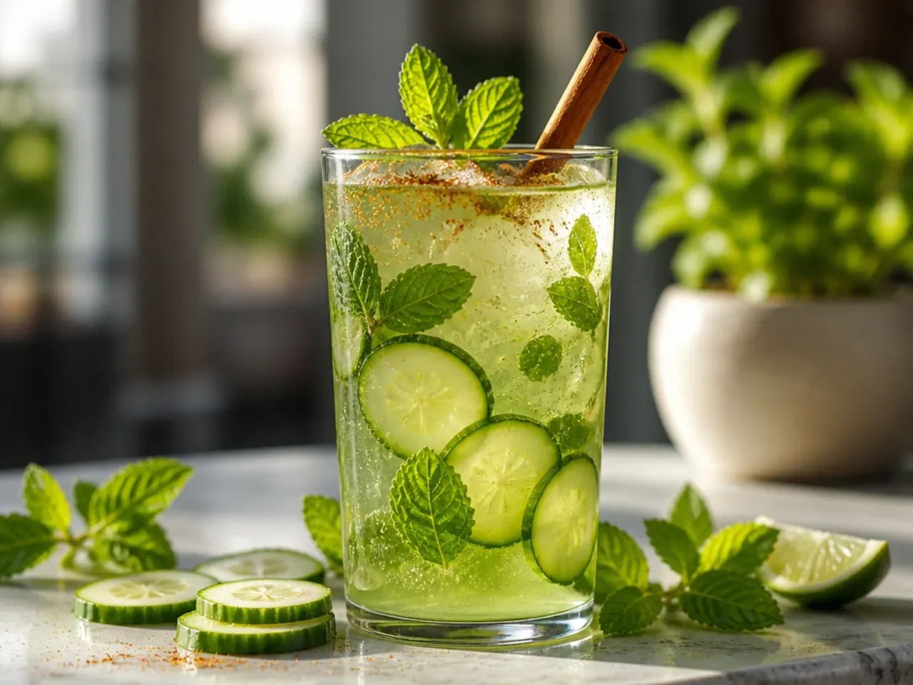 Cucumber mint spritzer with a cucumber ribbon garnish in a clear glass