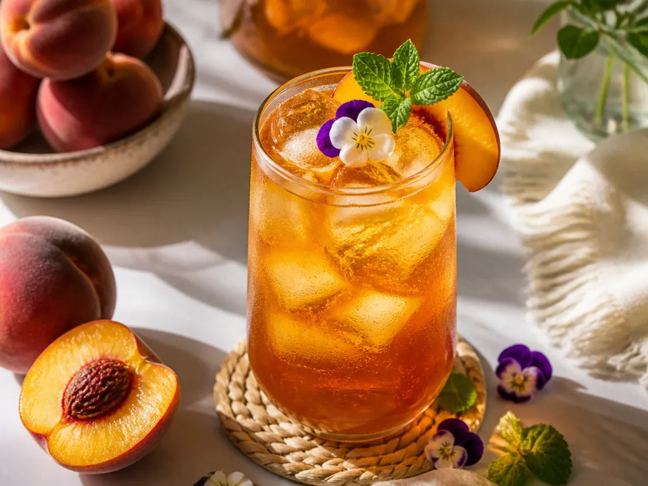 Glass of cozy peach iced tea with sliced peaches floating on top