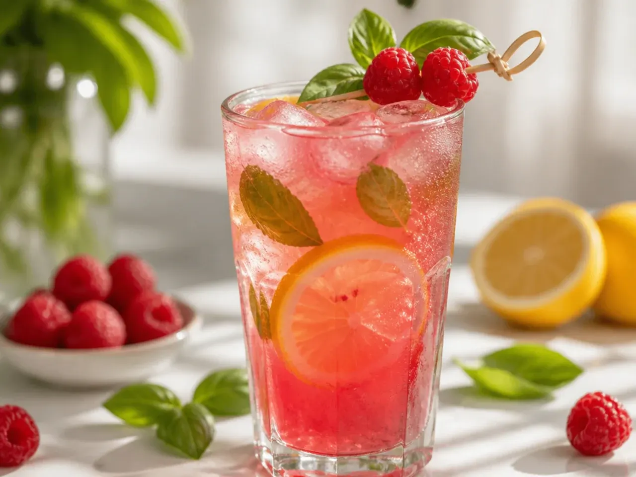 Pink raspberry basil lemonade in a mason jar with fresh basil sprig