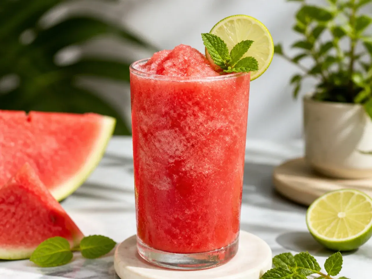 Bright pink frozen watermelon slushie in a glass with a striped straw