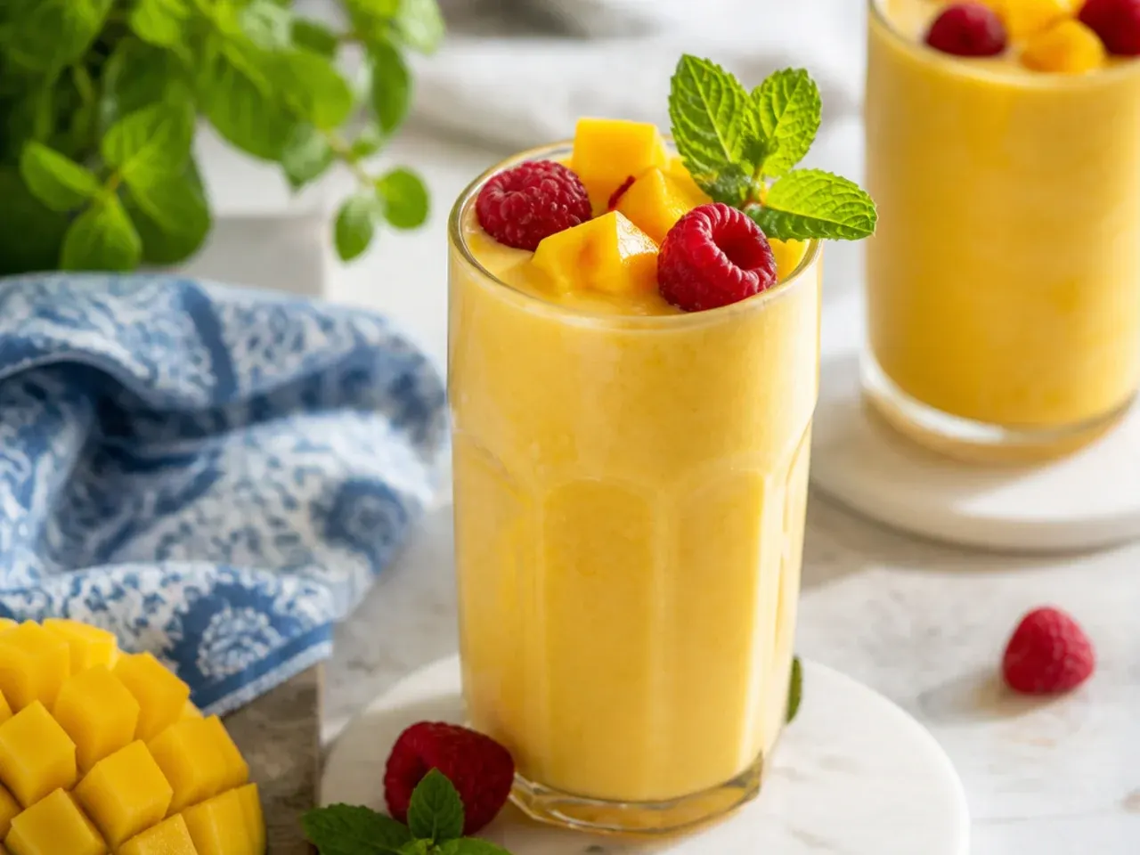 Creamy orange mango lassi cooler in a short glass dusted with cardamom