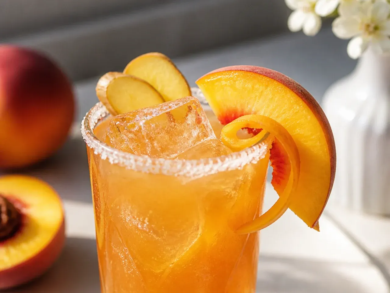 Spiced ginger peach fizz in a highball glass with candied ginger garnish