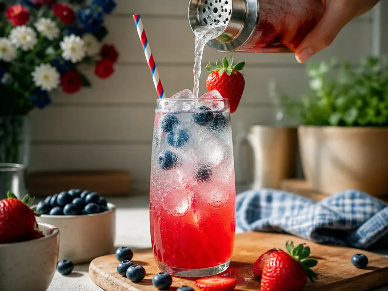Layered red white and blue berry spritzer glasses with blueberries and strawberries