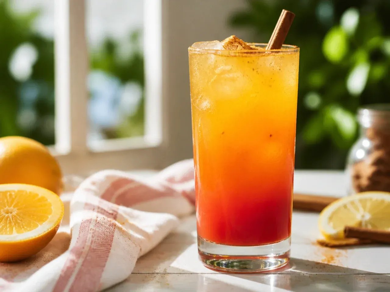 Layered sunset citrus cooler with orange and red gradient in a tall glass