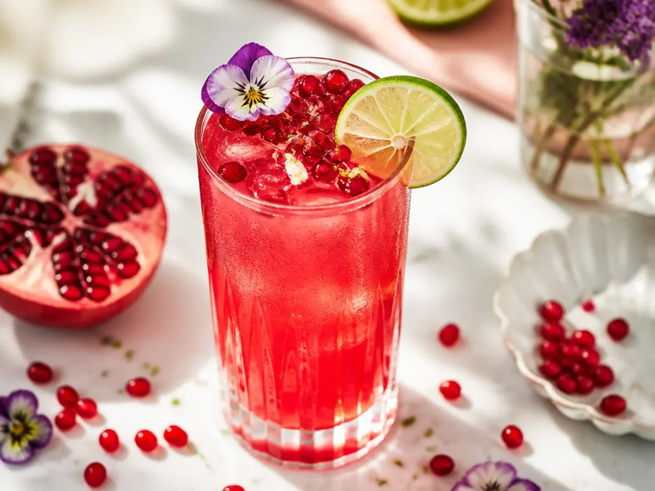 Deep red bold pomegranate limeade in a glass topped with pomegranate arils