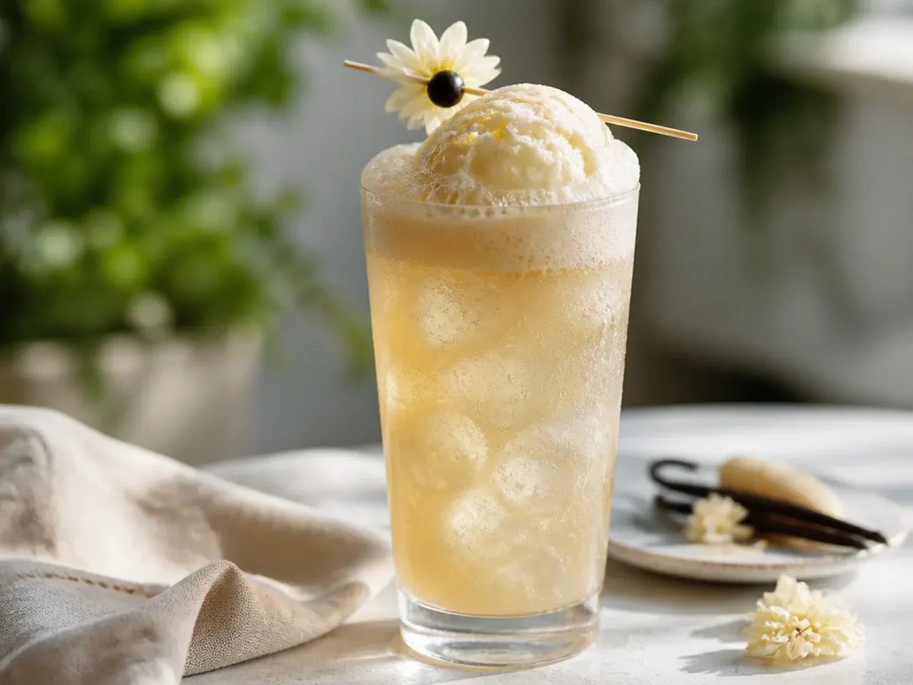 Vanilla cream soda float with melting ice cream and a long spoon