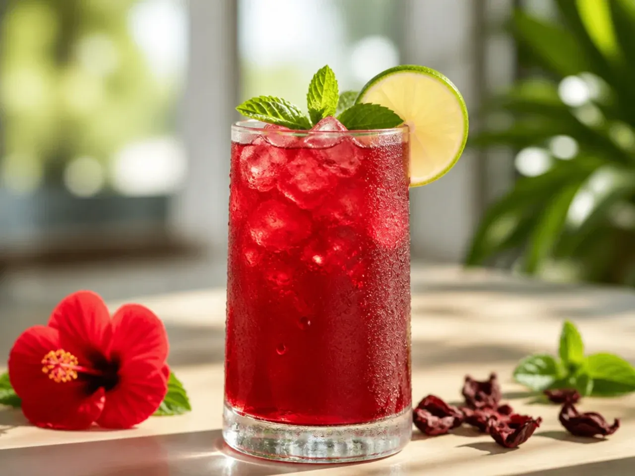 Ruby red iced hibiscus cooler in a glass with a lime wheel garnish