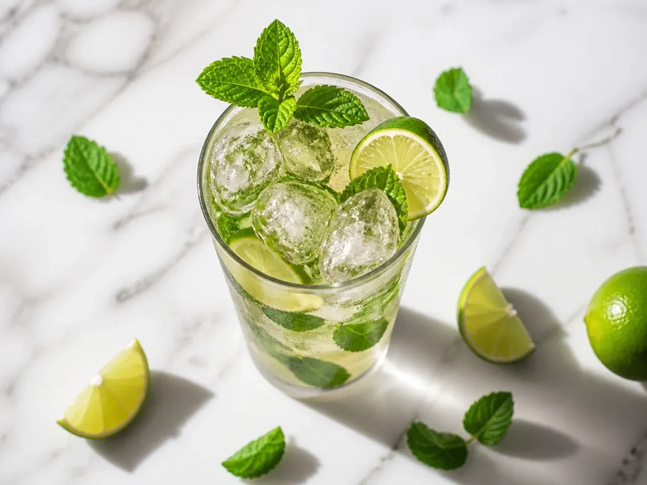 Classic virgin mojito in a glass with crushed ice, lime wheels, and mint sprig