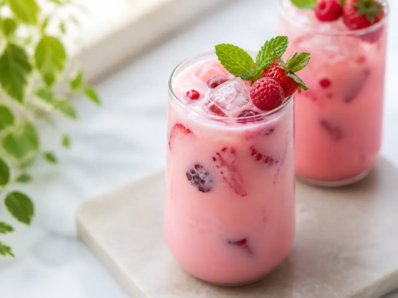 Copycat pink drink in a clear cup with strawberry pieces and a straw