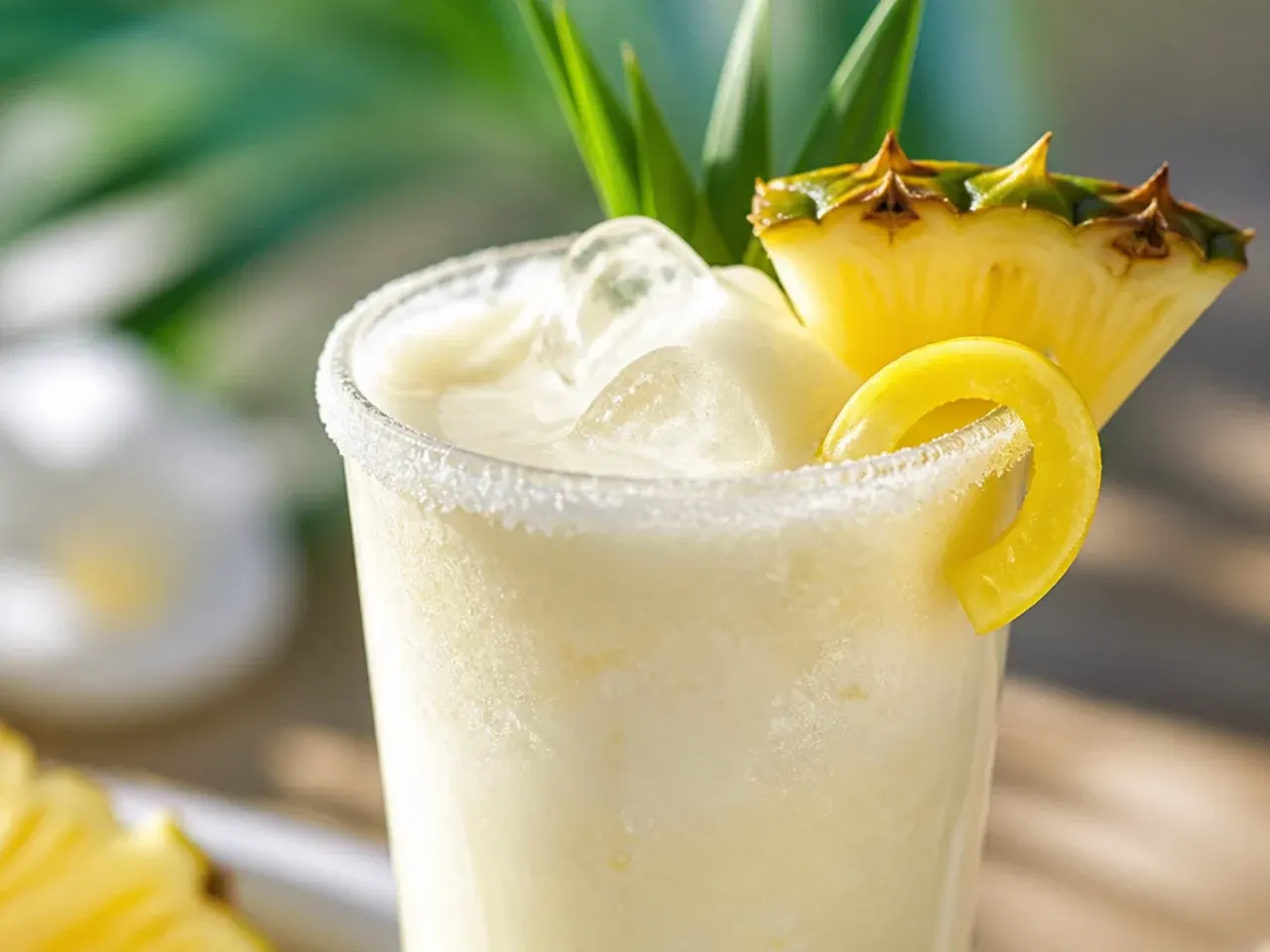 Creamy pina colada mocktail in a coconut-flake rimmed glass with a pineapple wedge