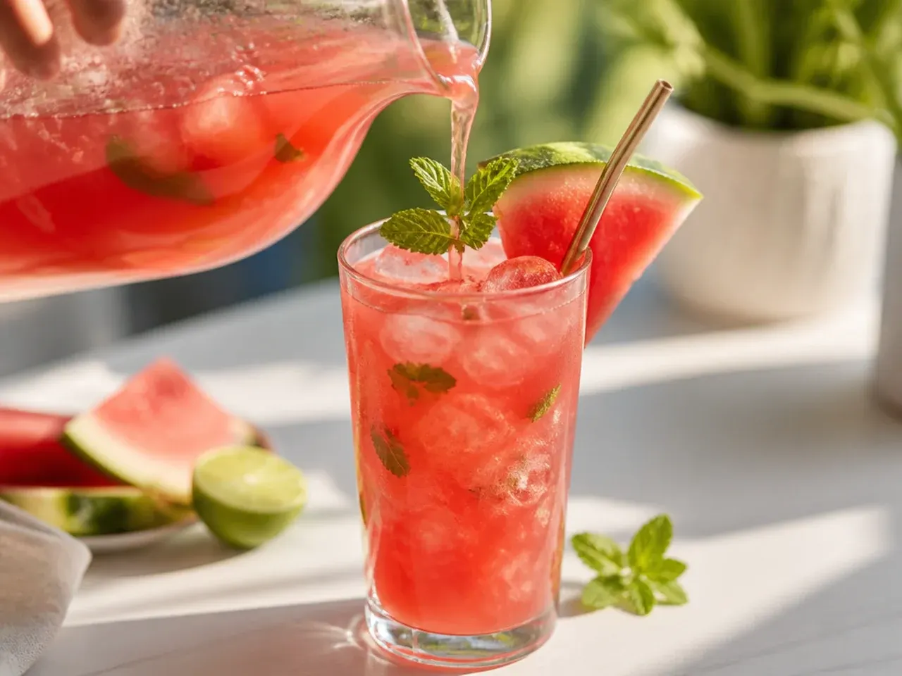 Pink watermelon mint agua fresca in a pitcher and glass with mint garnish