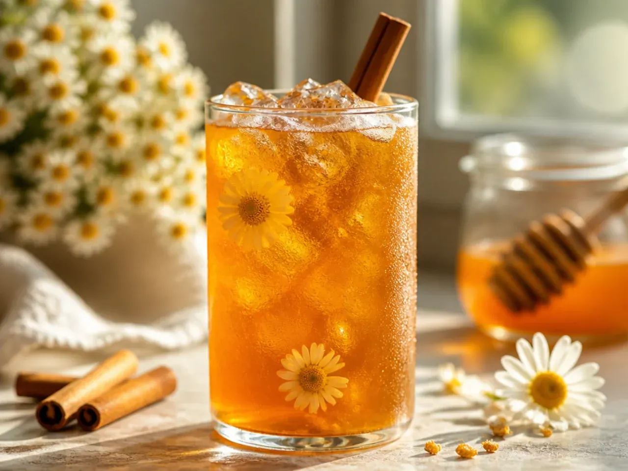 Cozy chamomile honey iced tea in a glass with lemon slices