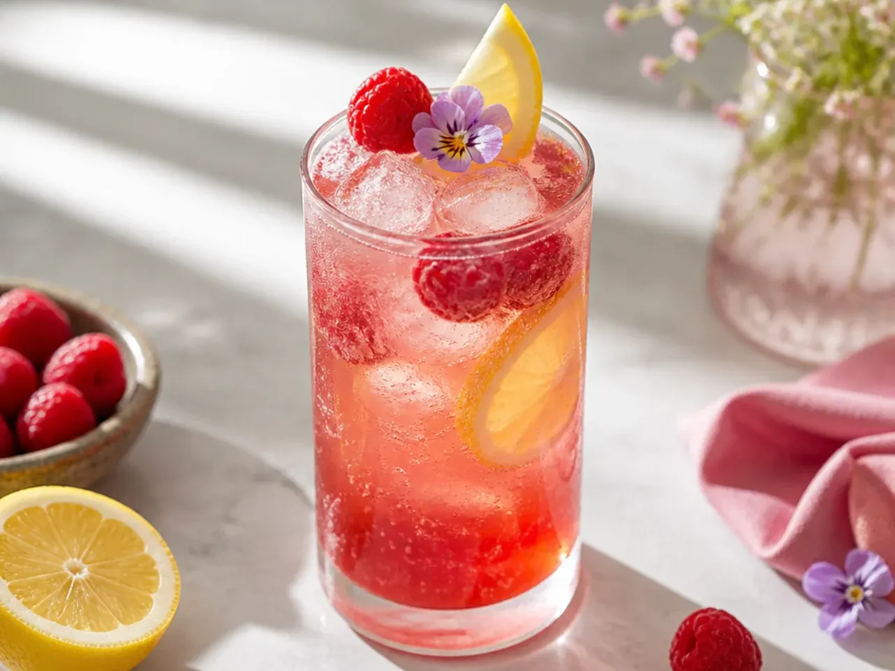 Sweet raspberry lemon fizz in a sugar-rimmed glass with fresh raspberries