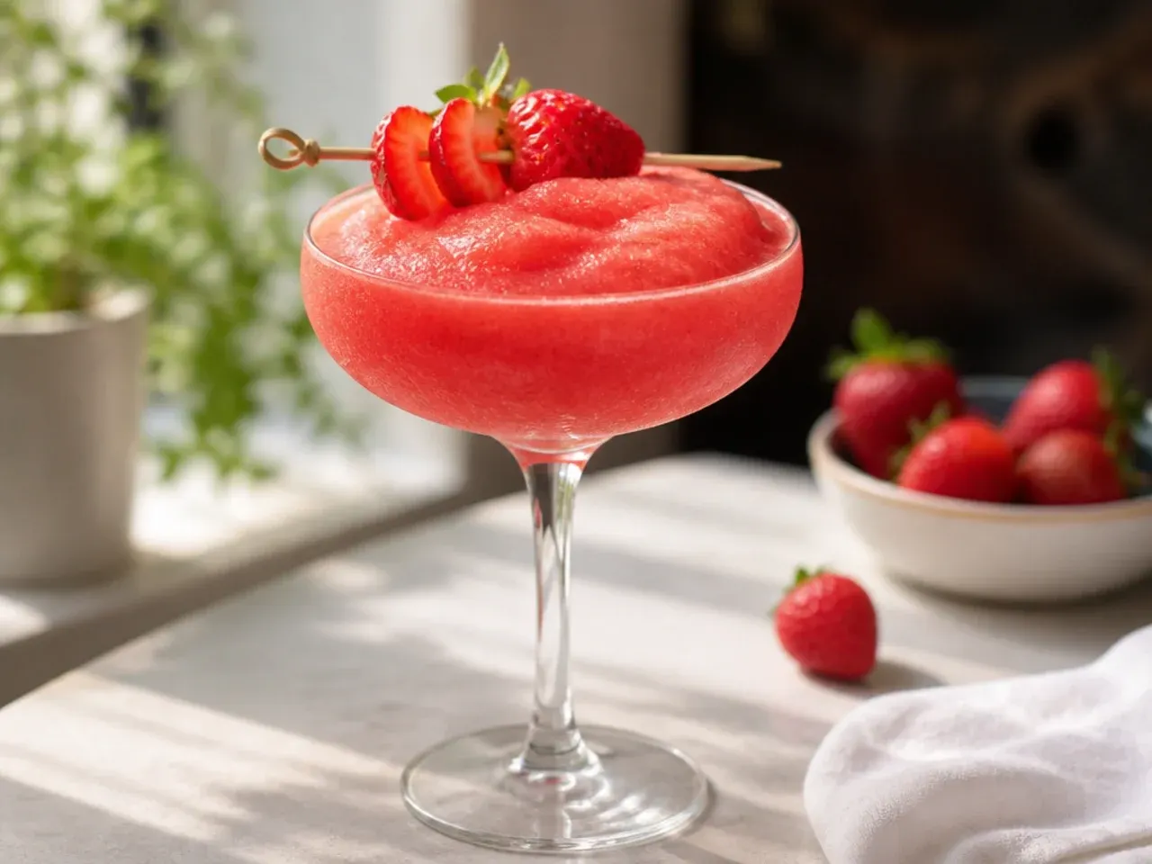 Frozen strawberry daiquiri mocktail in a chilled glass with a lime wheel