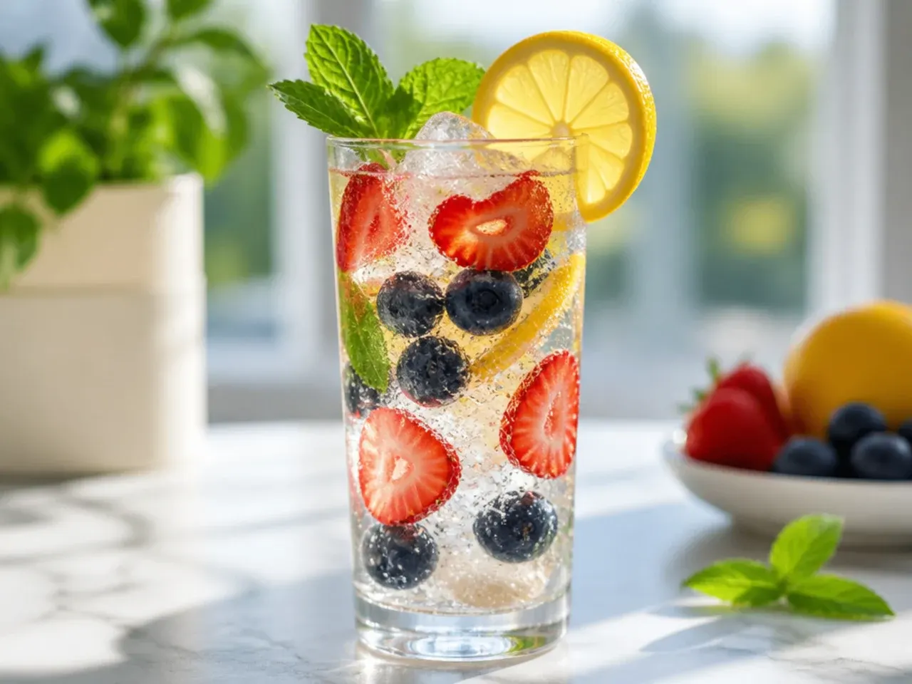 Jug of sparkling fruit-infused water with citrus slices, berries, and mint