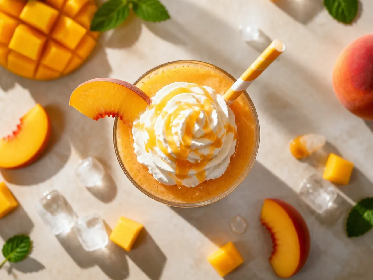 Thick peach mango smoothie cooler in a glass with a spoon and straw