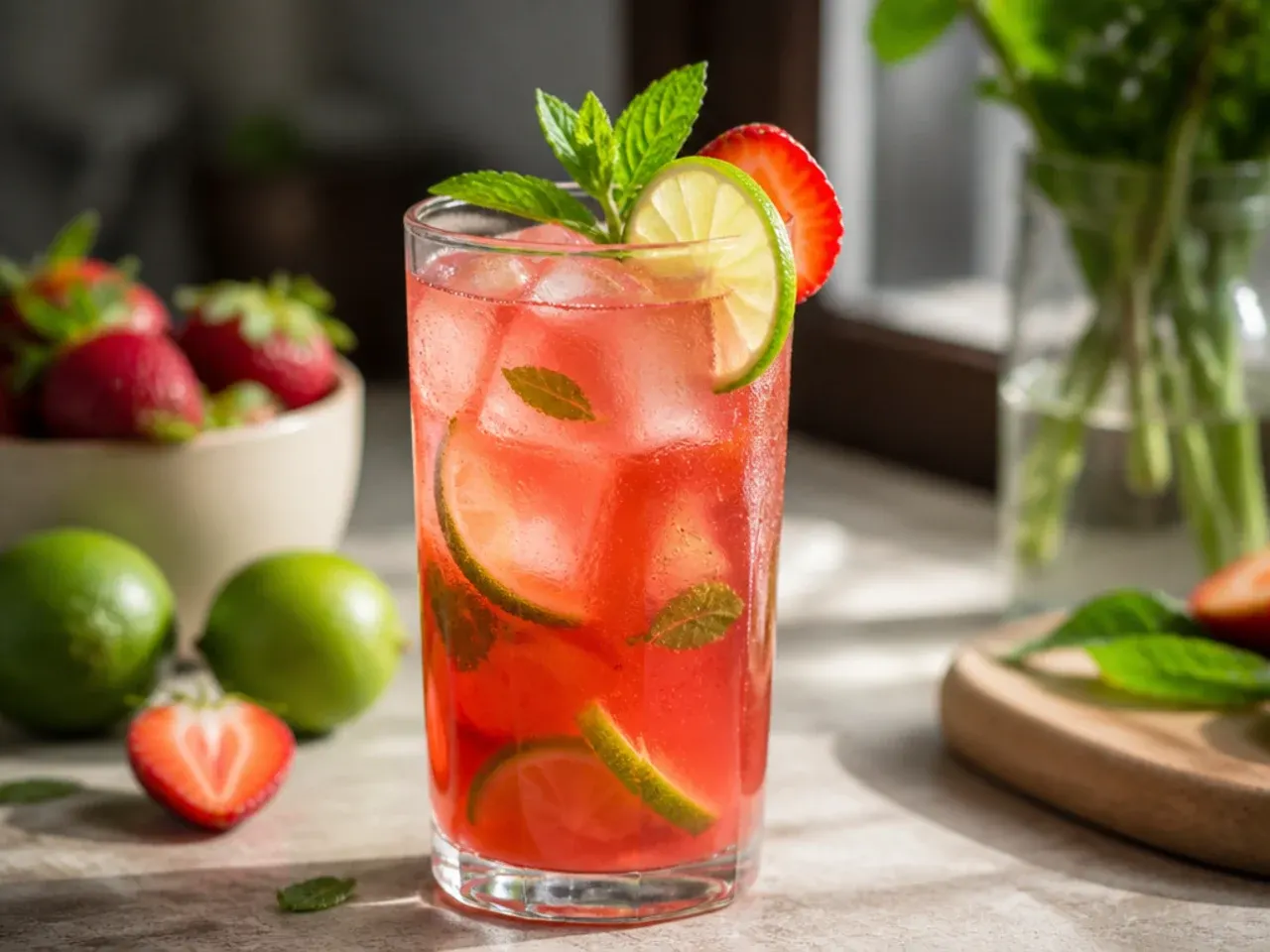 Drinks garnish station with citrus wedges, berries, mint sprigs, and coloured straws