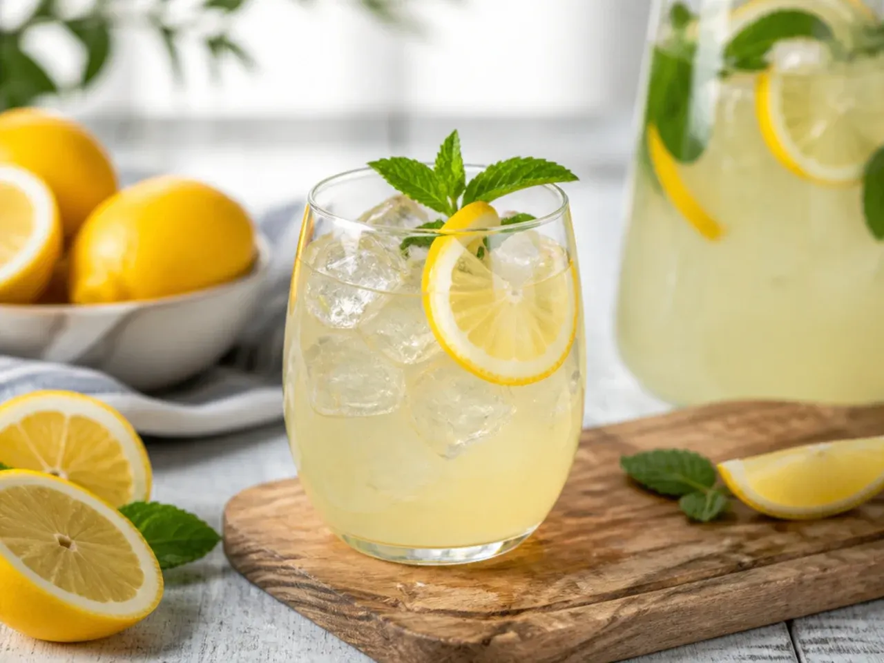 Large batch drinks dispenser filled with lemonade next to a bowl of ice on a table