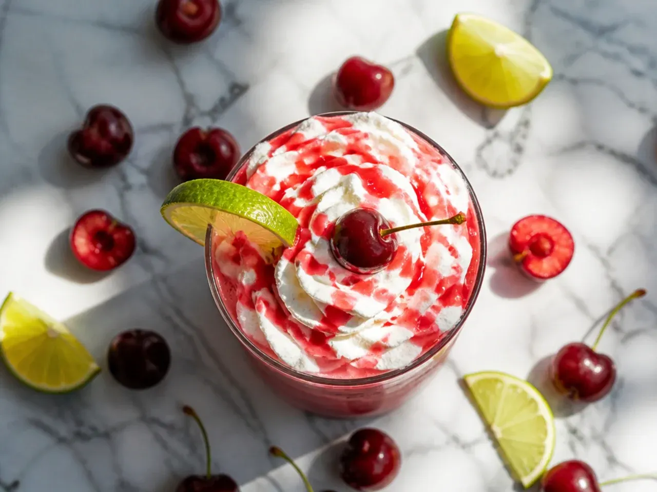 Tall glass of copycat cherry limeade with crushed ice, lime wedge, and maraschino cherry