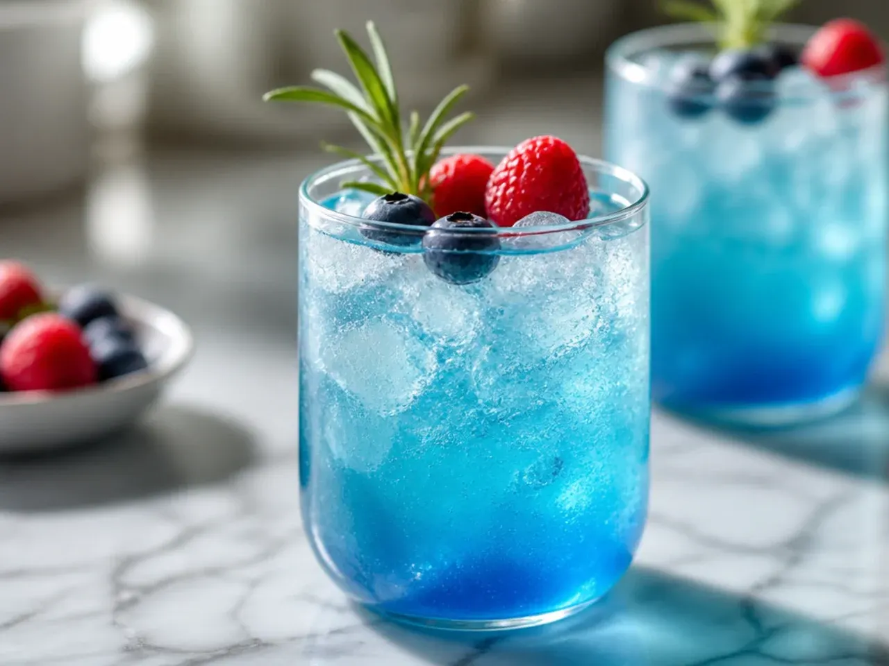 Bright blue Ocean Water copycat drink in a clear cup with crushed ice and a straw