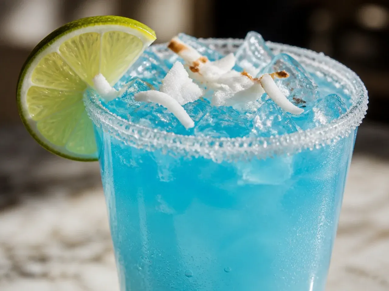 Close-up of a blue coconut soda splash drink with a floating lime wheel and crushed ice