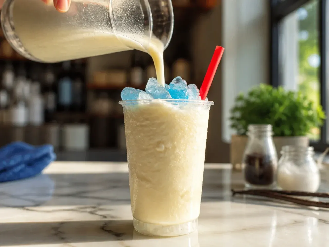 Vanilla slush float with a scoop of melting ice cream on top in a clear plastic cup