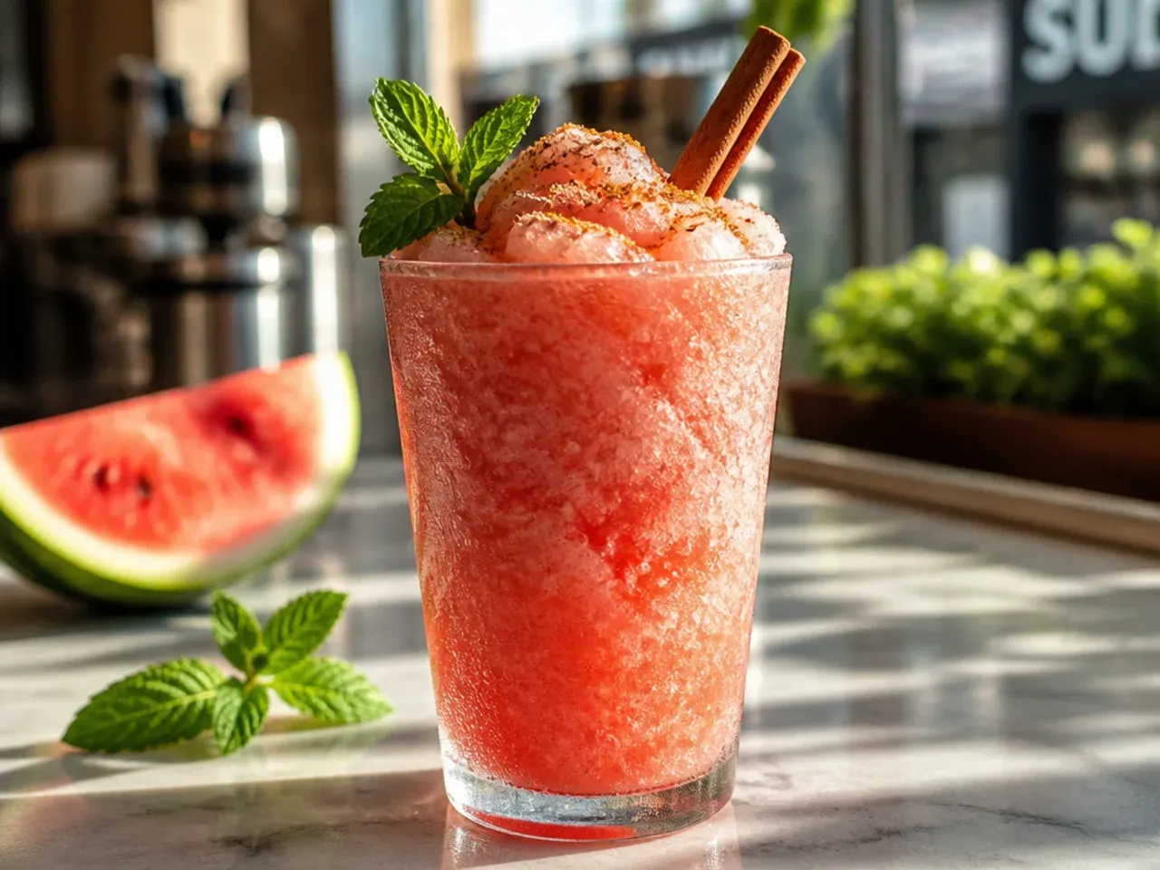 Bright pink watermelon mint slush in a glass with mint leaves and a straw