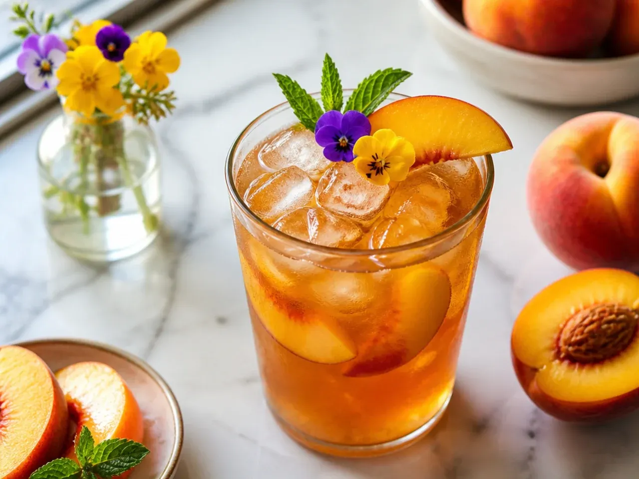 Glass of peach sweet tea over ice with a frozen peach slice garnish