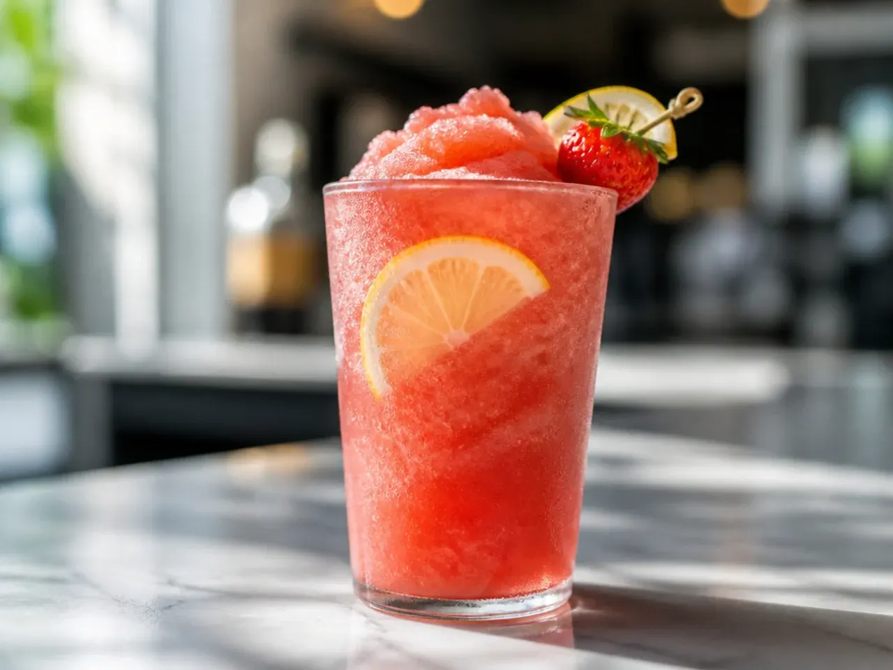 Pink strawberry lemonade slush in a cup with a straw and fresh strawberry garnish